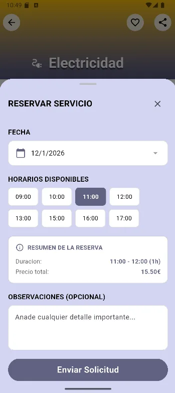 Formulario de reserva con franjas horarias