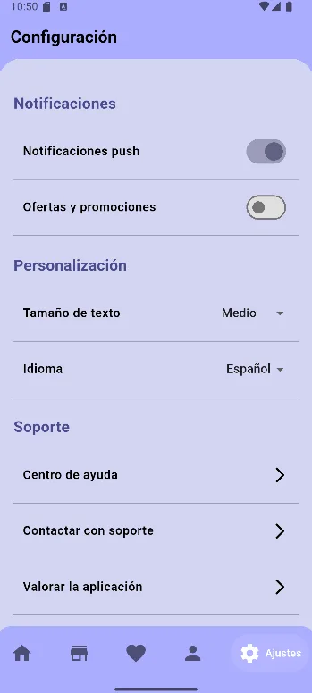 Pantalla de configuración