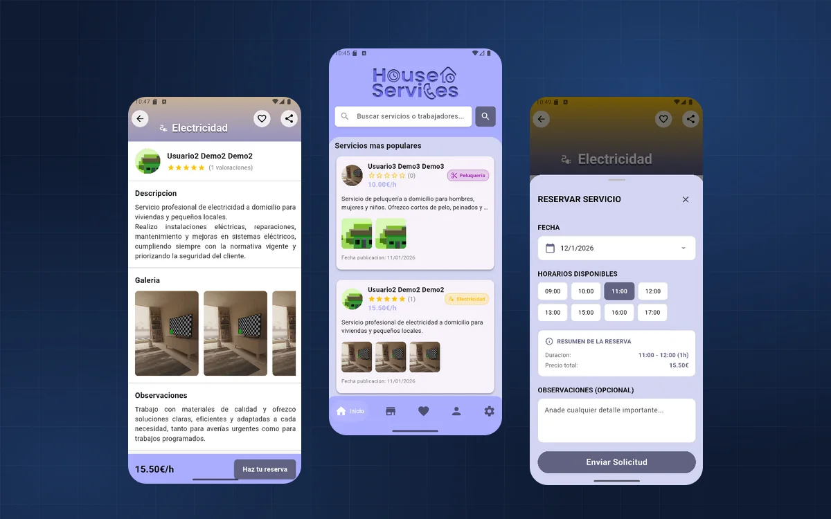 Tres pantallas de HouseServices: detalle de un servicio, inicio y reserva
