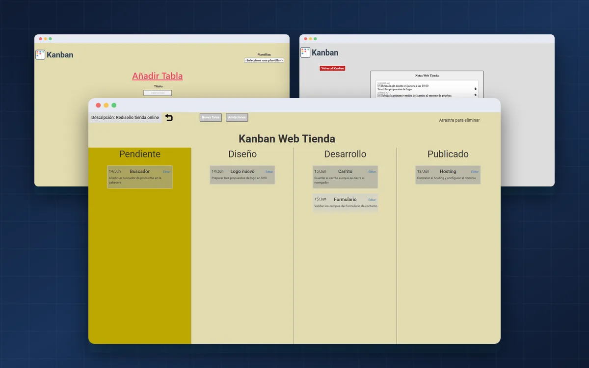 Tablero kanban de un proyecto de ejemplo, con las pantallas de nueva tarea y de notas detrás