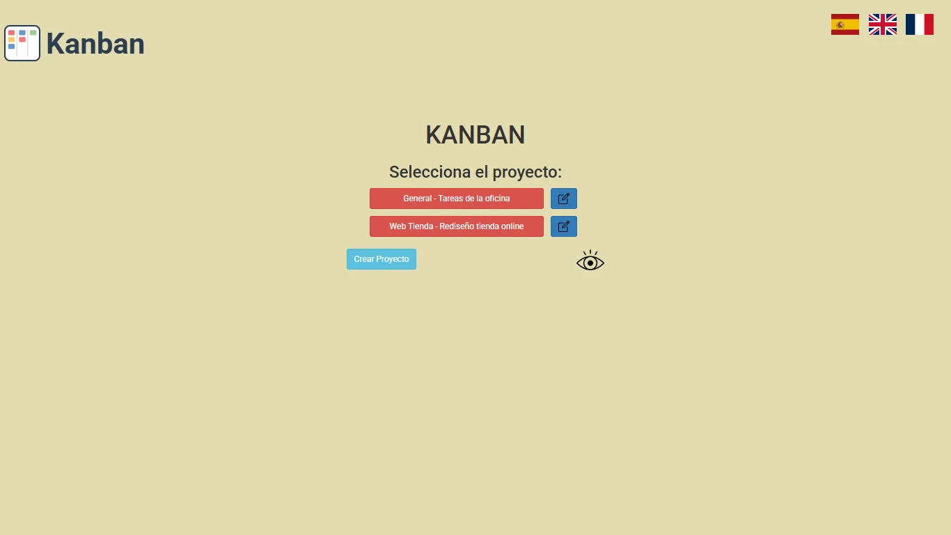Lista de proyectos con las banderas para cambiar de idioma