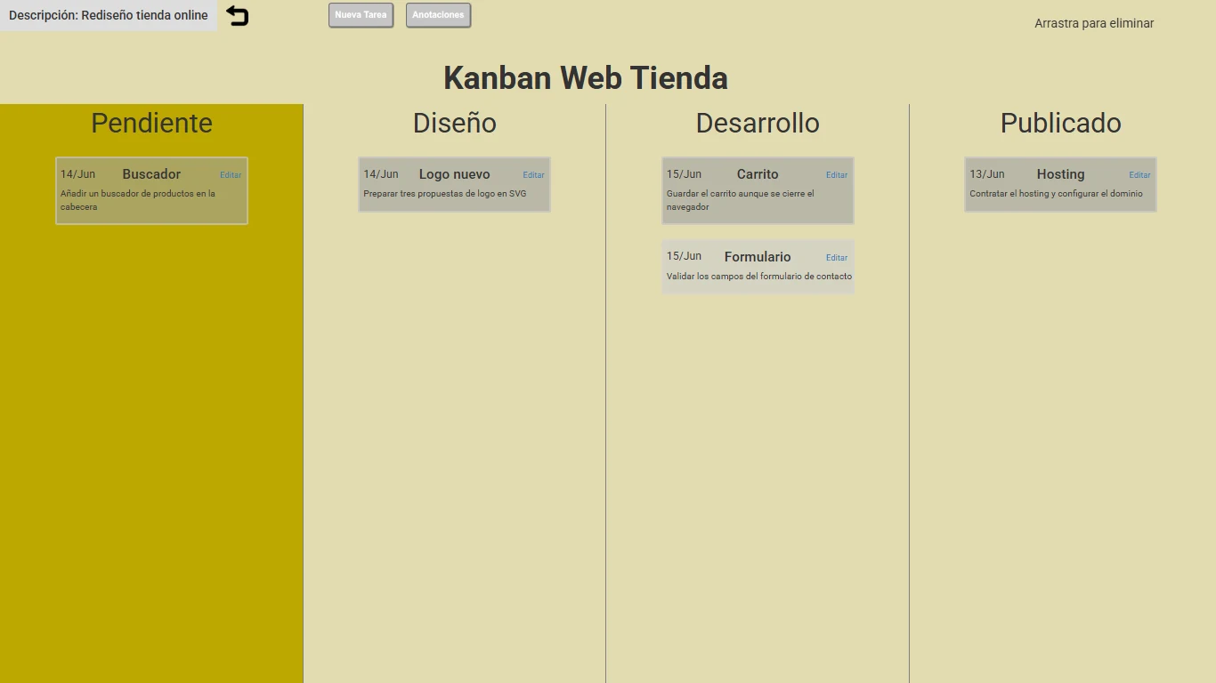 Tablero kanban del proyecto Web Tienda con cuatro columnas